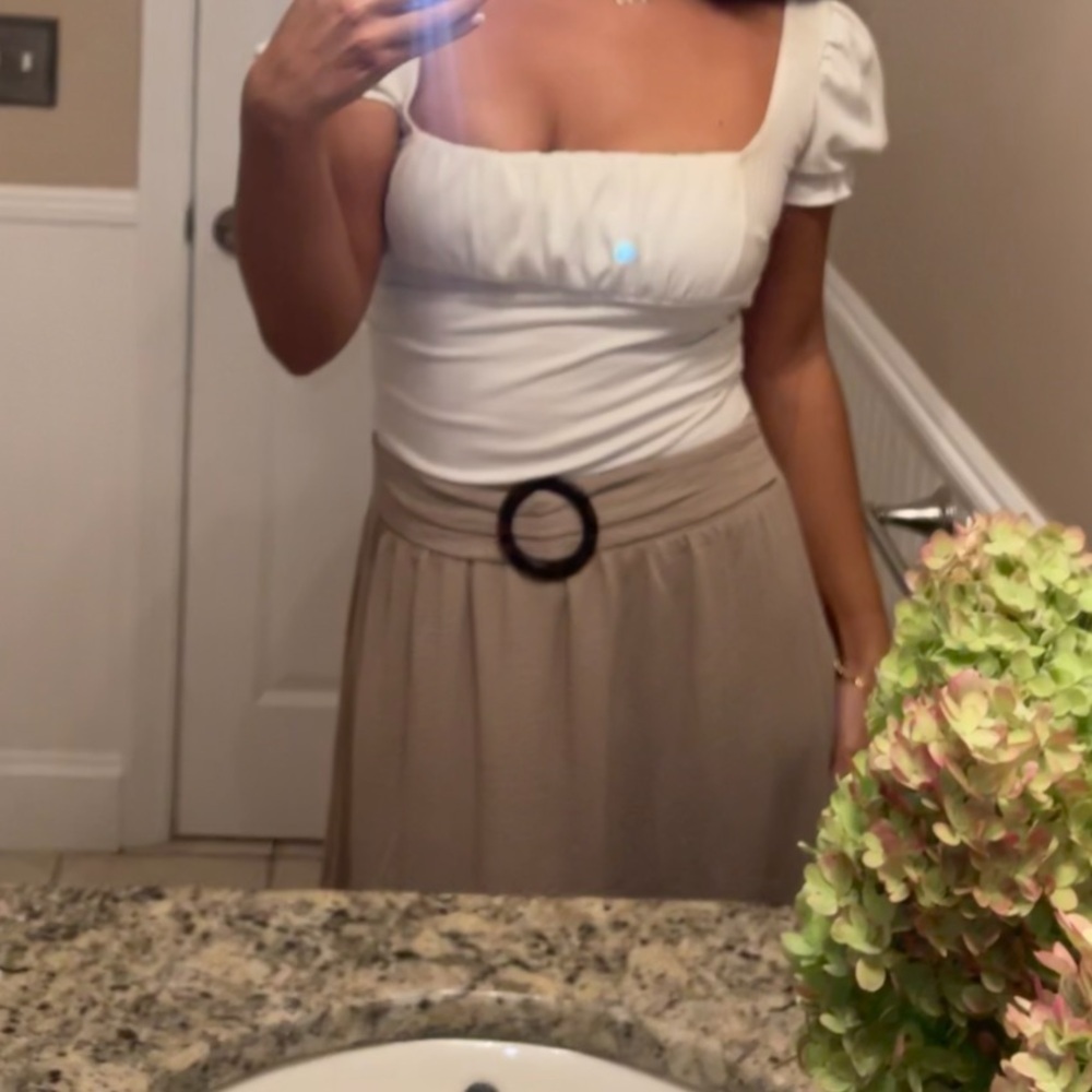 Chic A-Line Tan Skirt with Ring Accent - Picture 3 of 11
